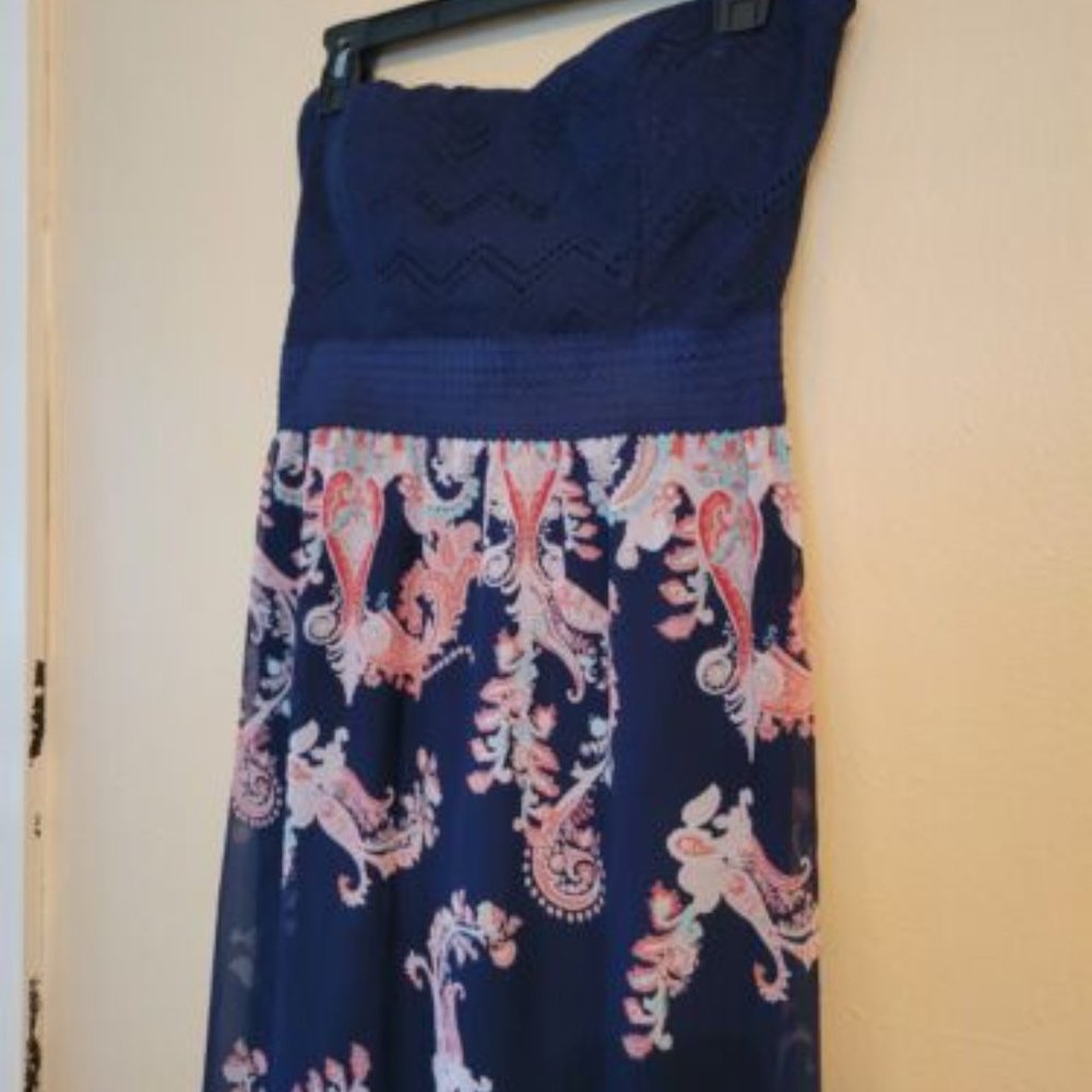 TRIXXI blue floral cutout back strapless dress